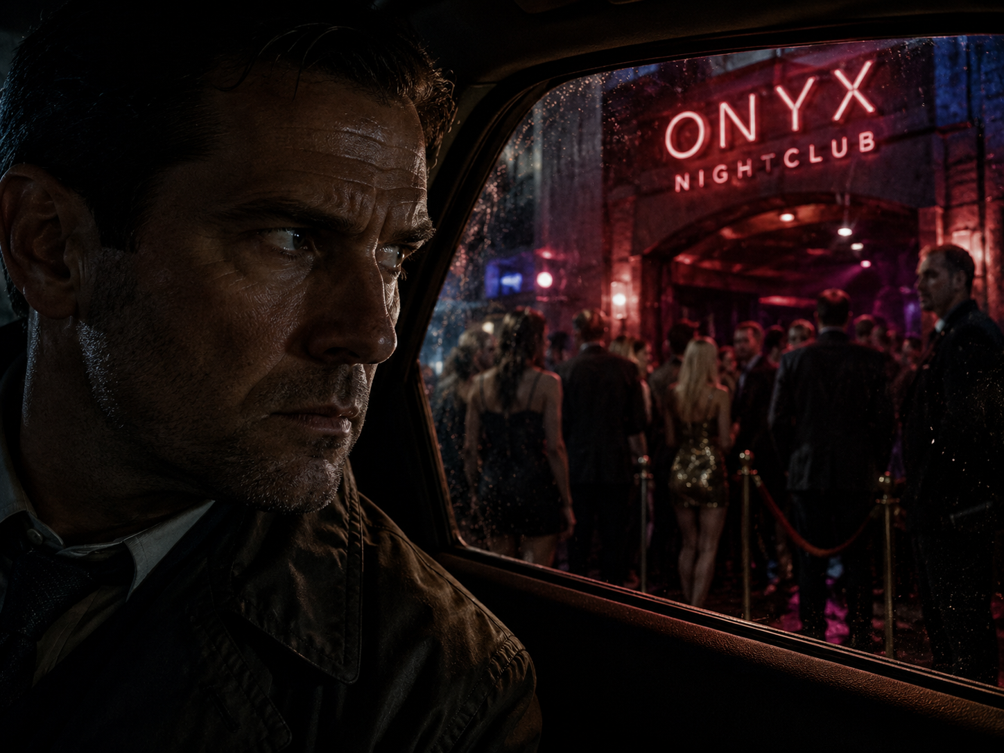 화려한 클럽 입구를 차량 안에서 건조하고 매서운 눈빛으로 응시하는 형사의 모습